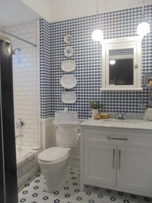 bathroom -- mine with wallpaper